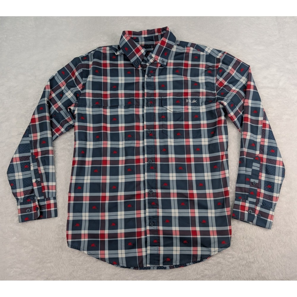 Huk Shirt Mens S Blue / Red "Marlin" All Over Print Performance Fishing Outdoors